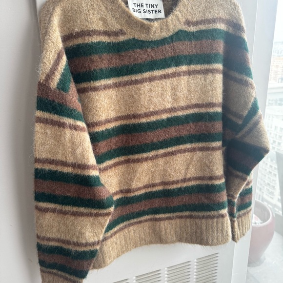 The Tiny Big Sister Women's Striped Crew Neck Sweater - Brown and Green - Picture 3 of 5